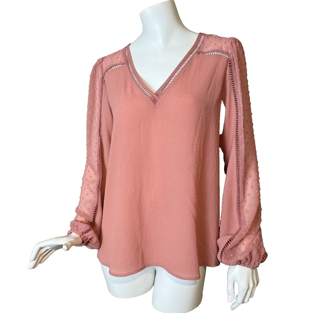 Express Blouse Pink Women's S Long Sleeves Sheer Polka Swiss Dot Girly Swiftie